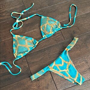 Turquoise & Gold Tie-Dye Triangle Bikini Top and Bottom